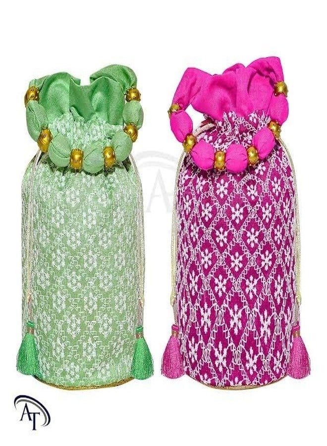 AT Ankit Traders Traditional Chikankari Work Potli Purse With Beads Handle for Women with Zipper, Potli Bags for Return Gifts, Potli Pouches for Baby Shower, Potli Purse for Ladies, (Pack of 24) - Image 2